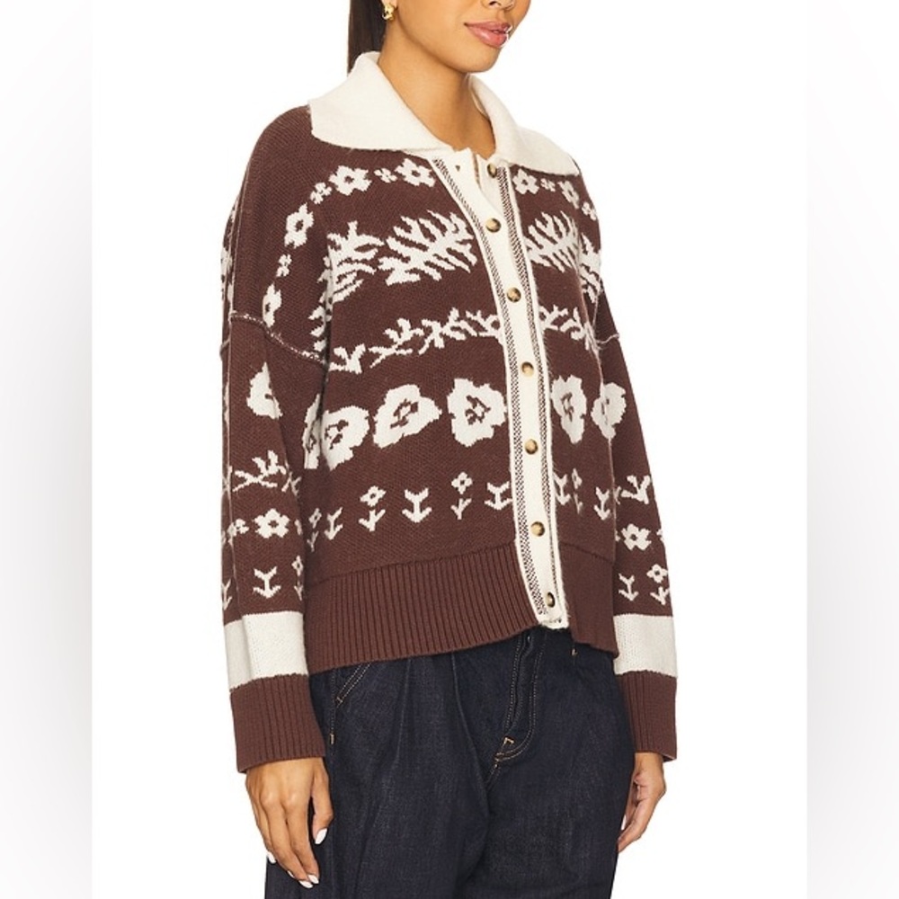 Free People Shelby Cardigan in Chocolate S Cozy Jacquard Knit Boxy Sweater - Picture 7 of 16